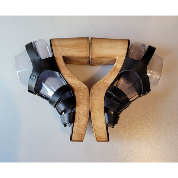 Anthropologie Silent D Italian Black Leather Wooden Fisherman Heels Sz 41 - Picture 6 of 11